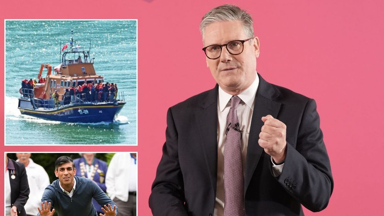 Sir Keir Starmer with an inset of Channel crossing migrants and Rishi Sunak