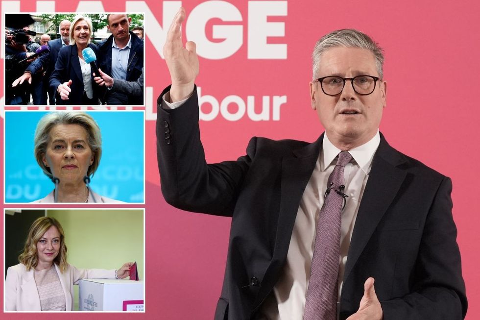 Sir Keir Starmer with insets of Marine Le Pen, Ursula von der Leyen and Giorgia Meloni