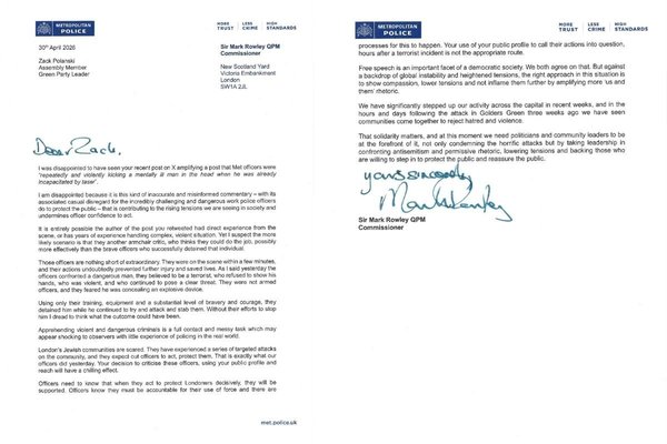 Sir Mark Rowley wrote a letter to the Green Party leader last night