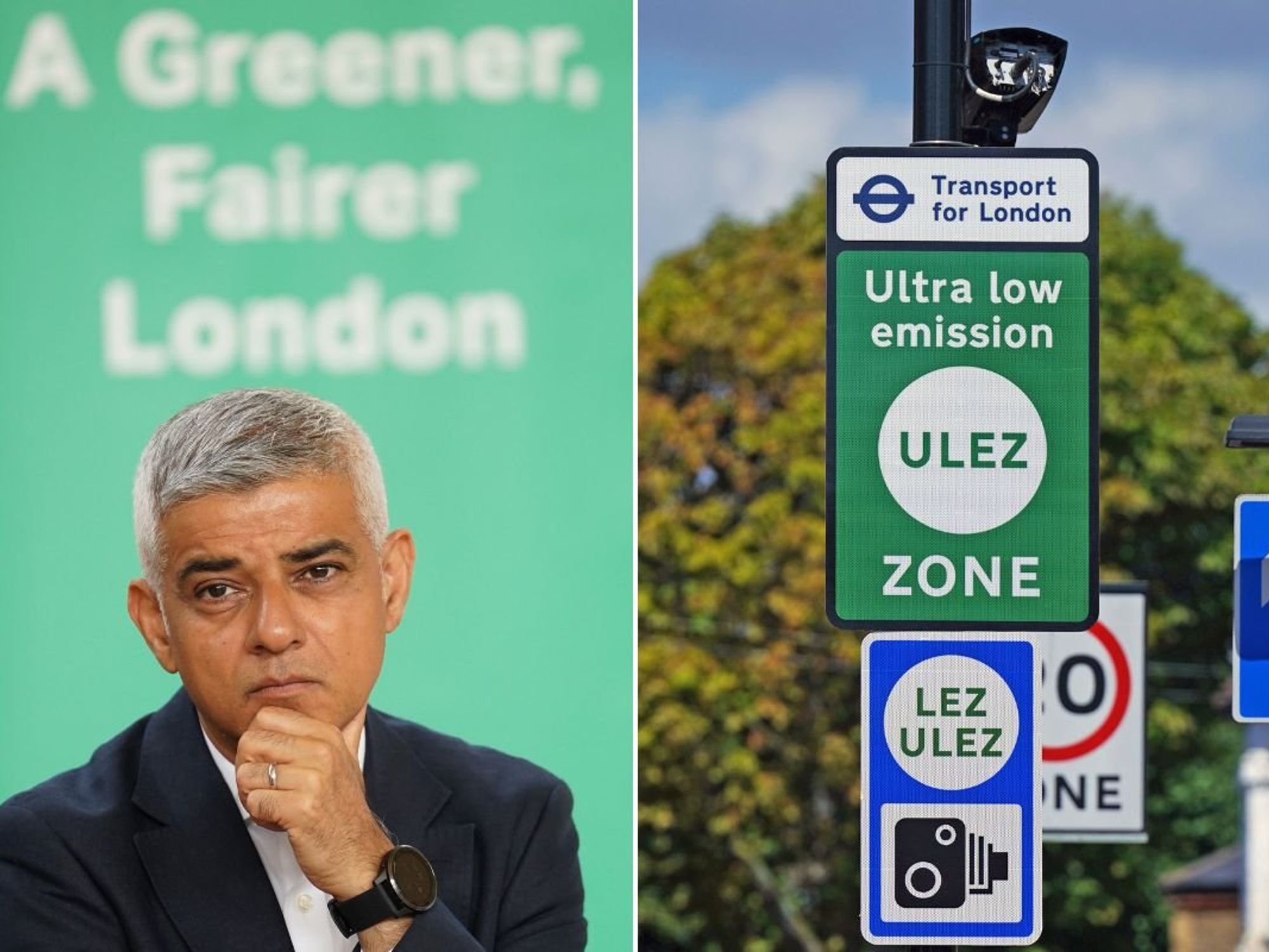Sir Sadiq Khan and a Ulez sign