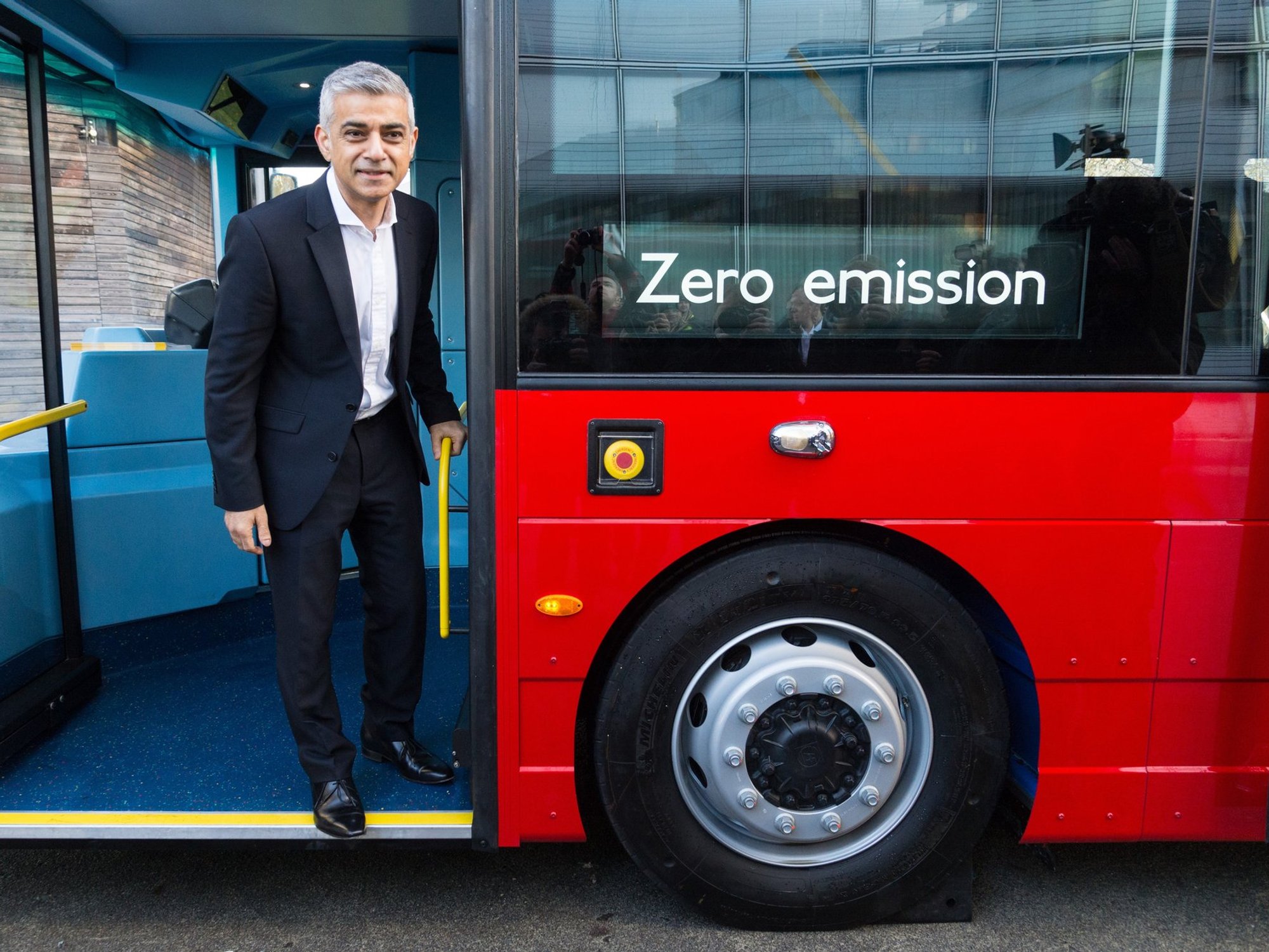 Sir Sadiq Khan on a zero emission bus