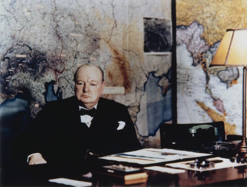 Sir Winston Churchill in Cabinet Office marking VE Day