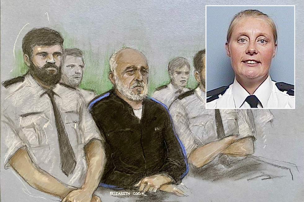 Sketch of Piran Ditta Khan in court with inset of PC Sharon Beshenivsky