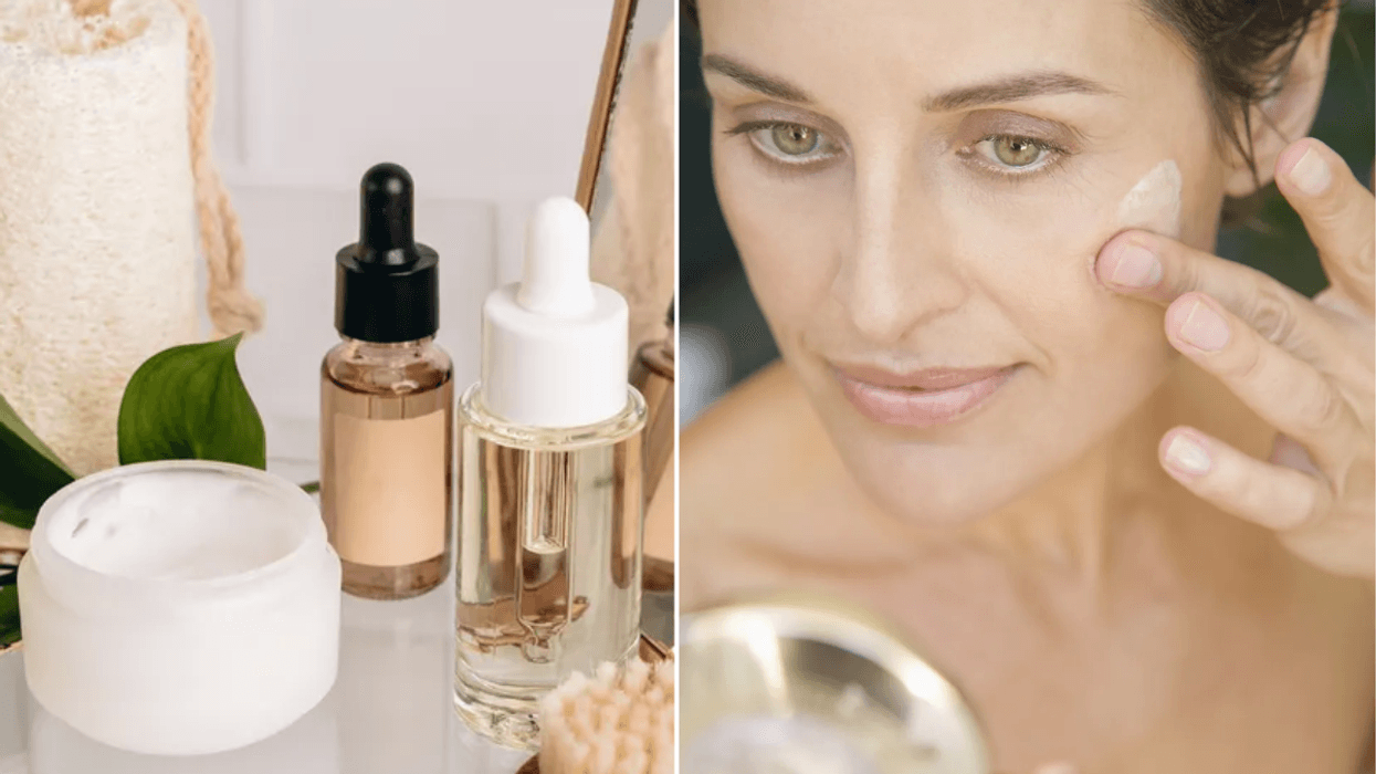 Skin care products in bathroom / woman applying moisturiser