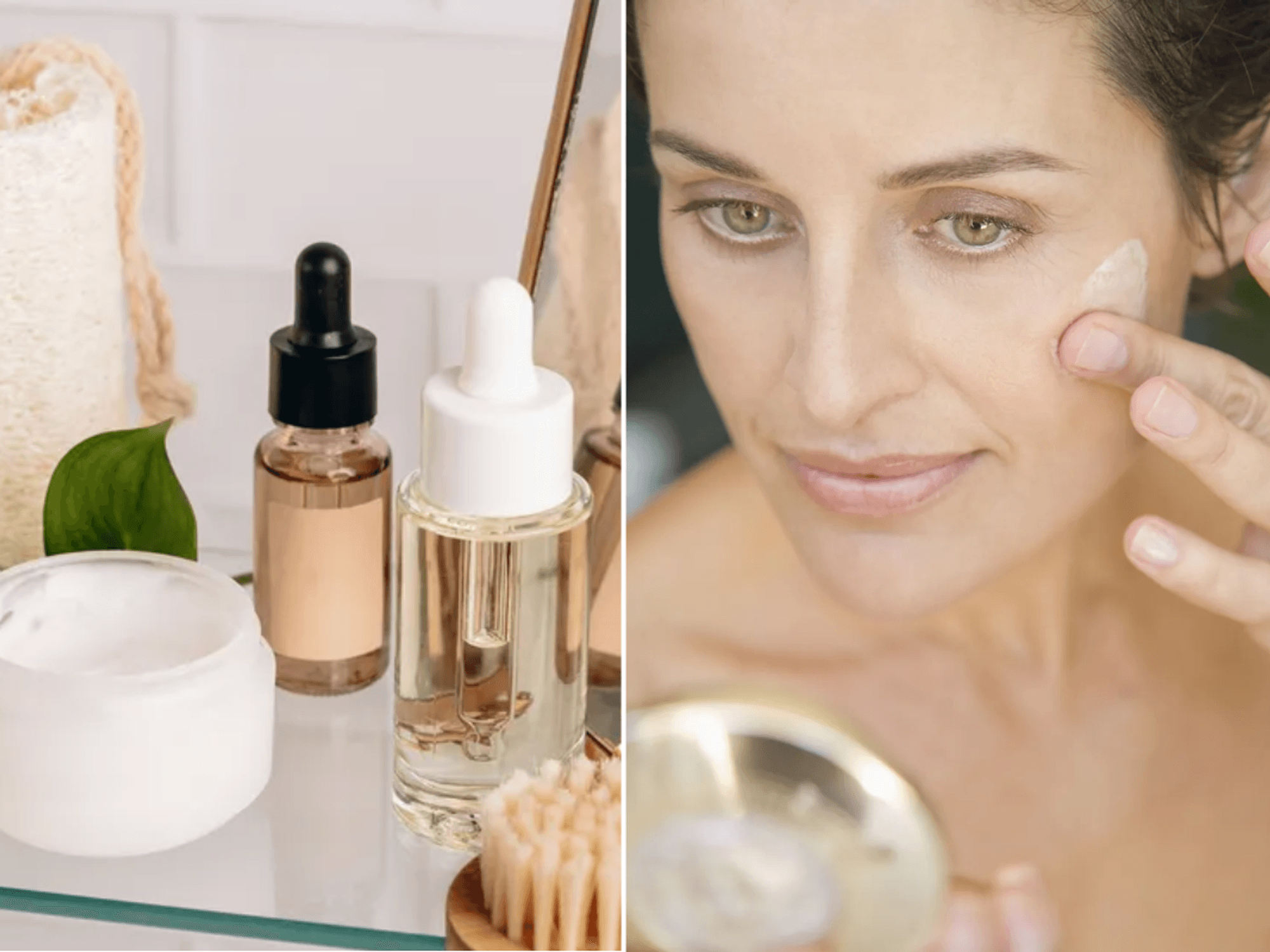 Skin care products in bathroom / woman applying moisturiser