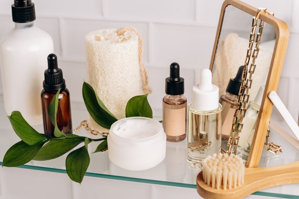 Skin care products in bathroom