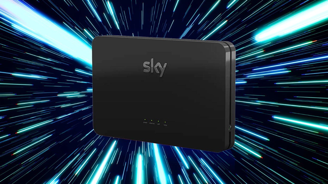 Sky broadband Wi-Fi 6 router pictured on a zoom graphic to denote speed