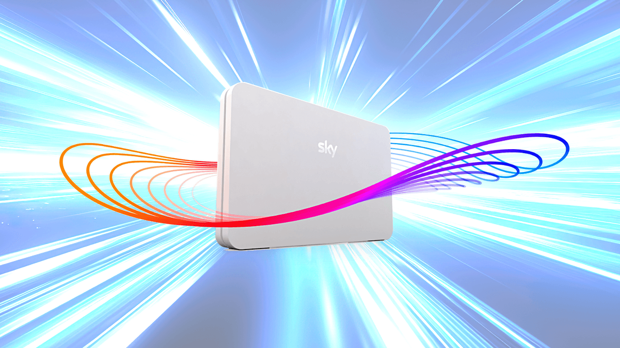 Sky broadband Wi-Fi router pictured with speed lines around it