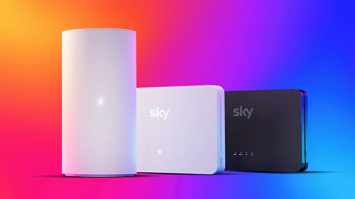 Sky broadband Wi-Fi routers pictured on a colourful background