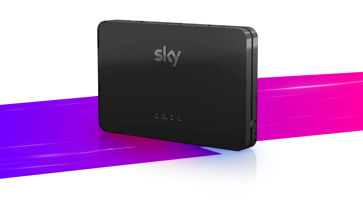 sky broadband wifi router pictured in black with colourful streak underneath