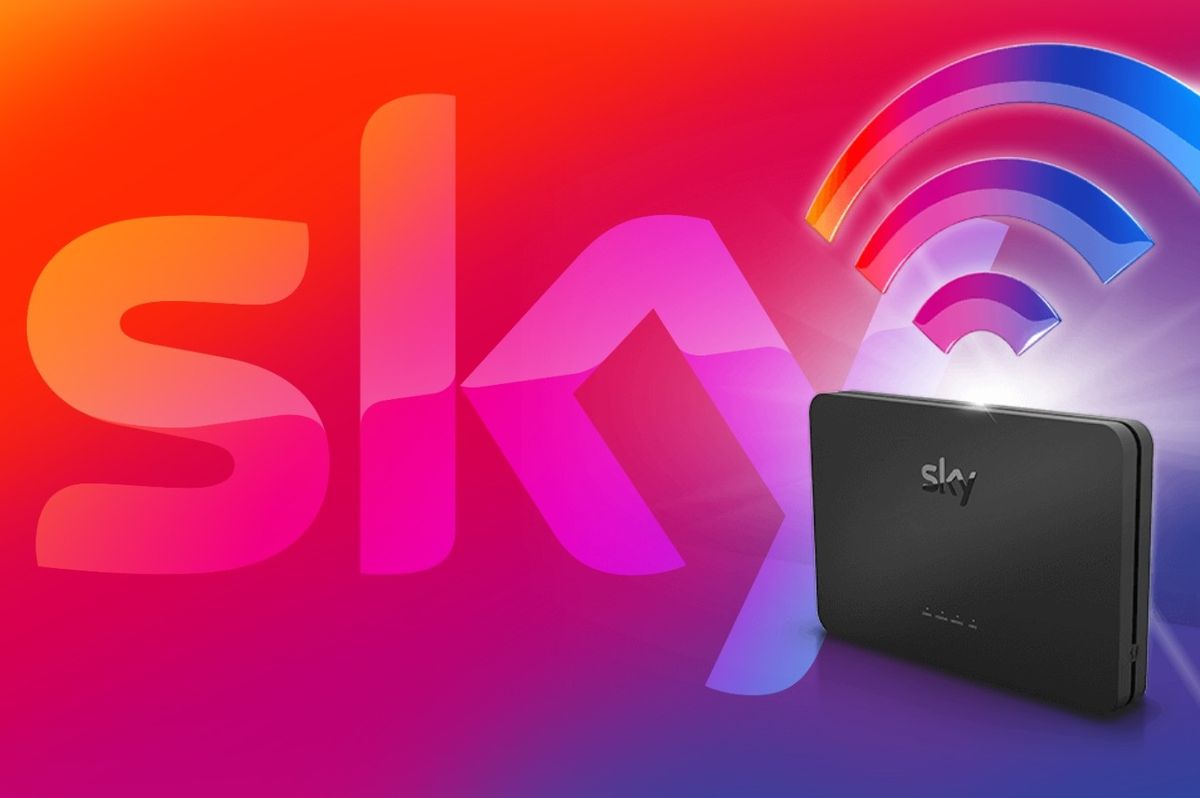 sky broadband wifi router pictured with the sky tv logo behind it 