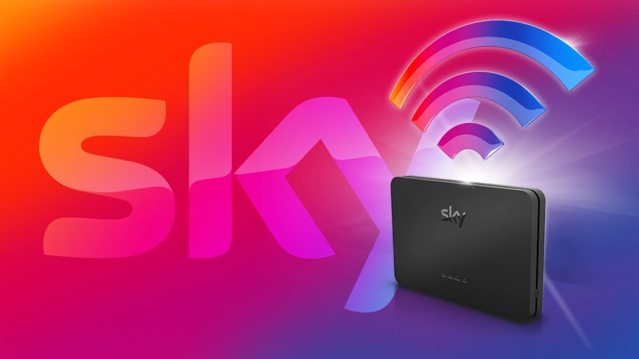 sky broadband wifi router pictured with the sky tv logo behind it
