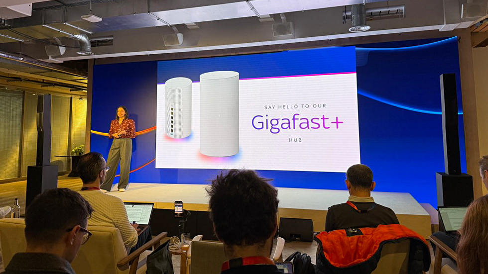 Sky Gigafast plus hub shown on-stage at the Sky Glass gen 2 launch event in London