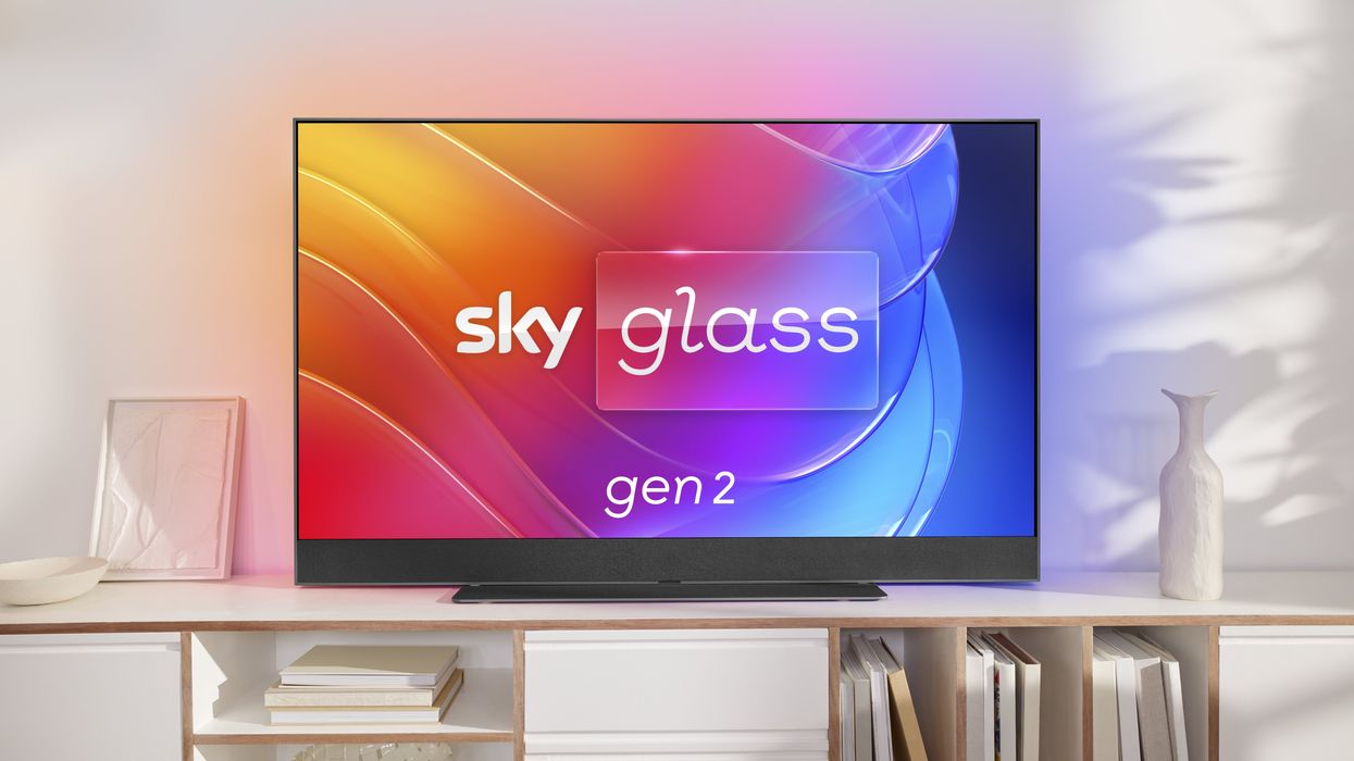Sky Glass Gen 2 pictured in a living room with colourful screen