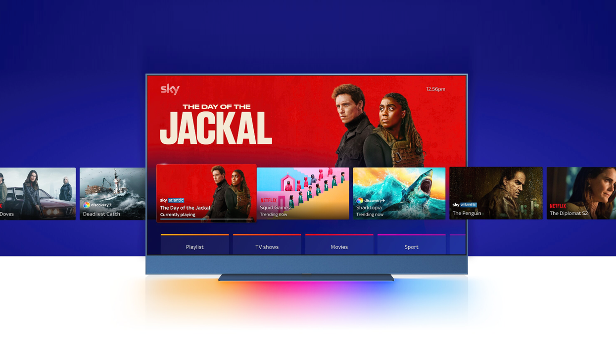 Sky Glass Gen 2 pictured with exclusive Sky TV shows and channels on-screen