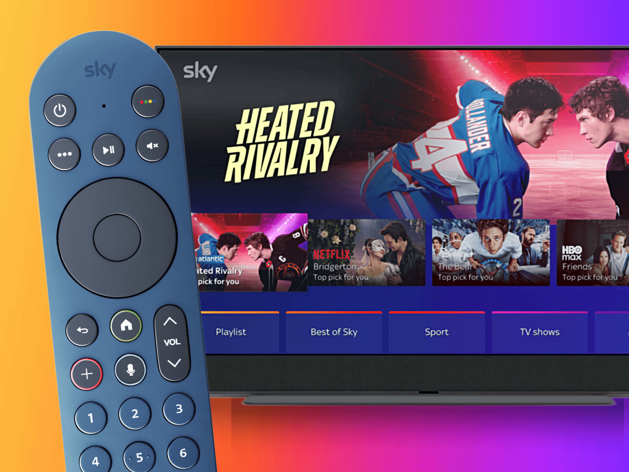 Sky Glass Gen 2 pictured with recommendations from across Disney Plus, Netflix, and HBO Max