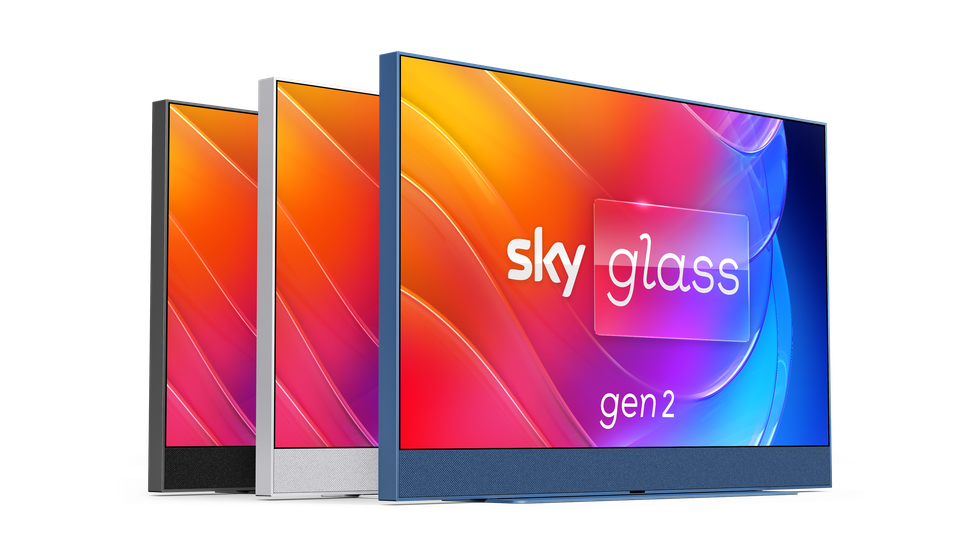 Sky Glass Gen 2 shown in all three case colours