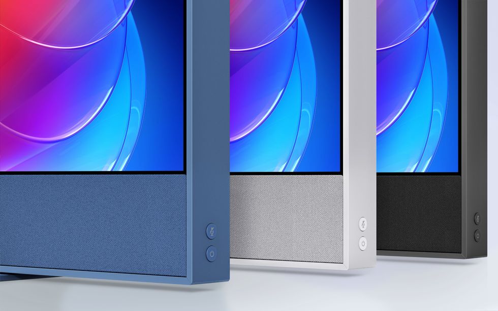 Sky Glass Gen 2 TV shown from the side in the Volcanic Grey, Arctic Silver, Atlantic Blue colours