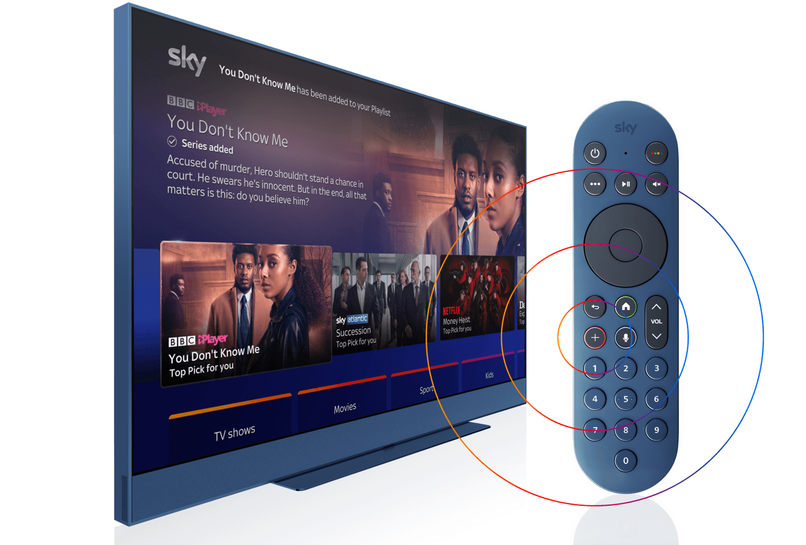 sky glass in blue pictured next to a blue sky tv remote control