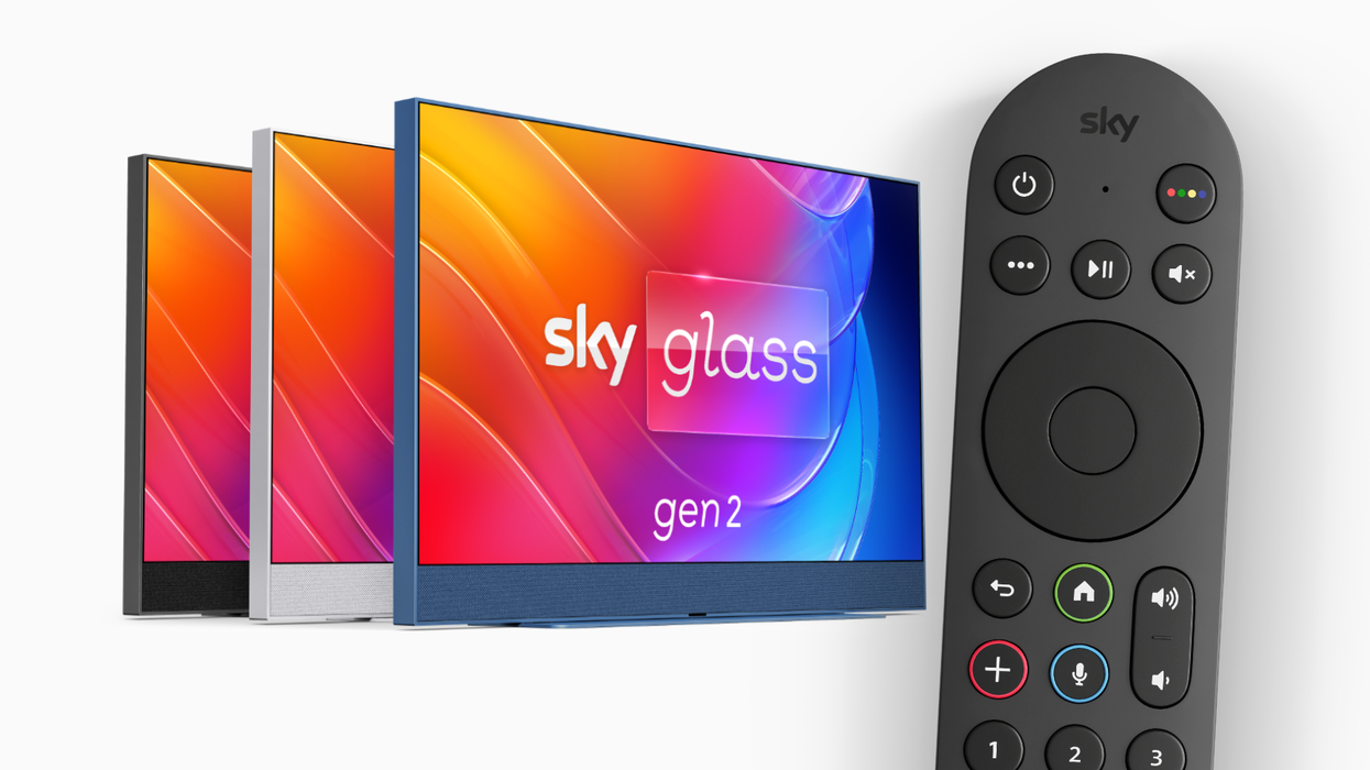 sky glass in the three colours Volcanic Grey, Arctic Silver, and Atlantic Blue with a remote control in the foreground