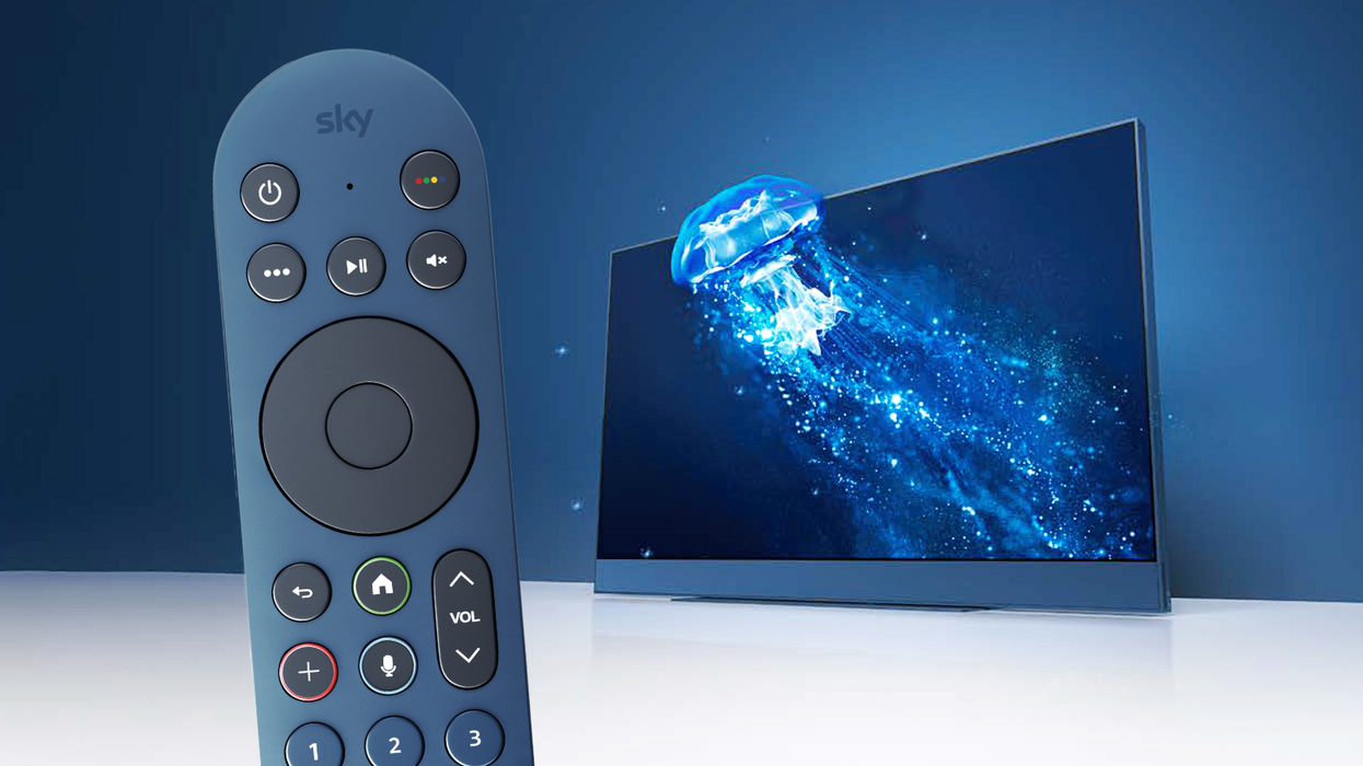 Sky Glass remote control in Ocean Blue with Sky Glass TV in the background