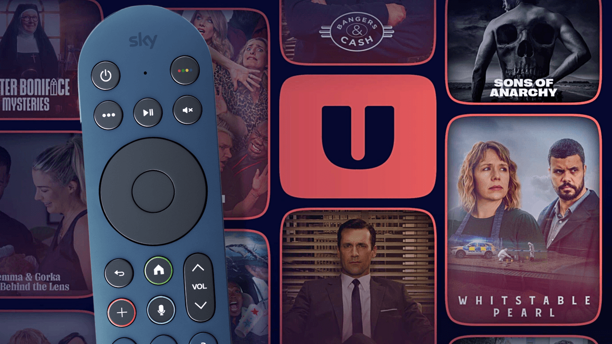 sky glass remote in blue in the foreground with a promotional image advertising the shows on U behind it