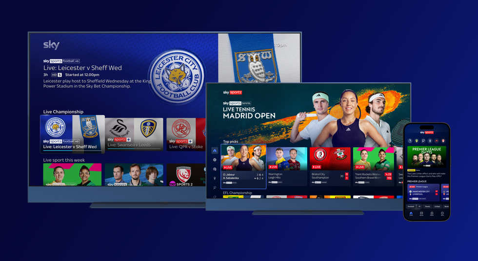 sky glass shown in two sizes and mobile phone app for sky sports with the new sky sports plus content showing on screen