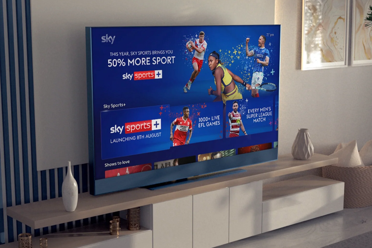 sky glass smart television shown with sky sports plus landing page on-screen