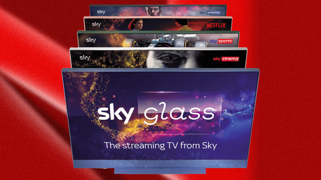 sky glass smart tvs pictured in a line-up in all five colours with a colourful background