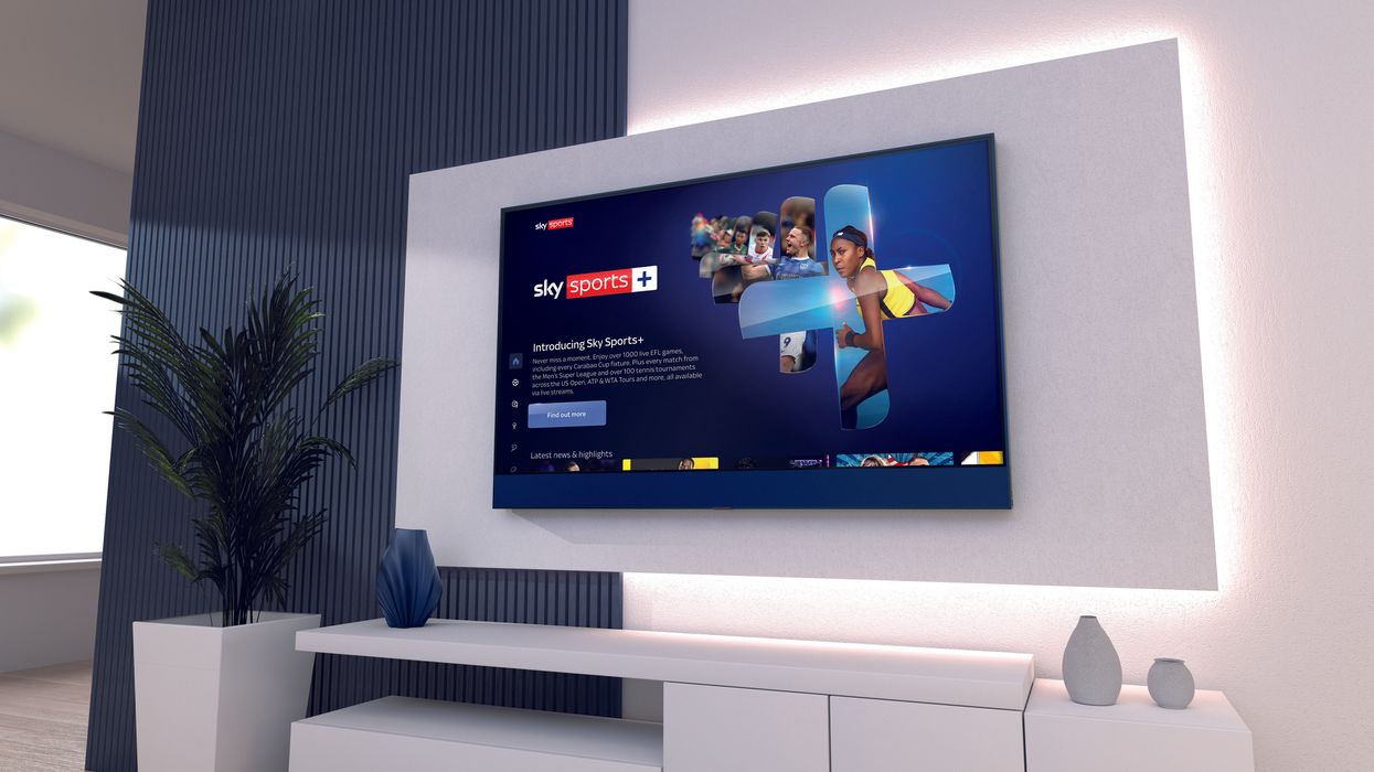 sky glass television mounted on the wall with sky sports plus logo shown on screen with previews of the live coverage