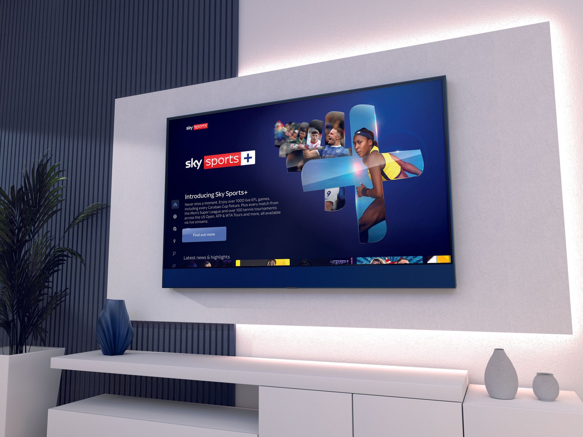 sky glass television mounted on the wall with sky sports plus logo shown on screen with previews of the live coverage