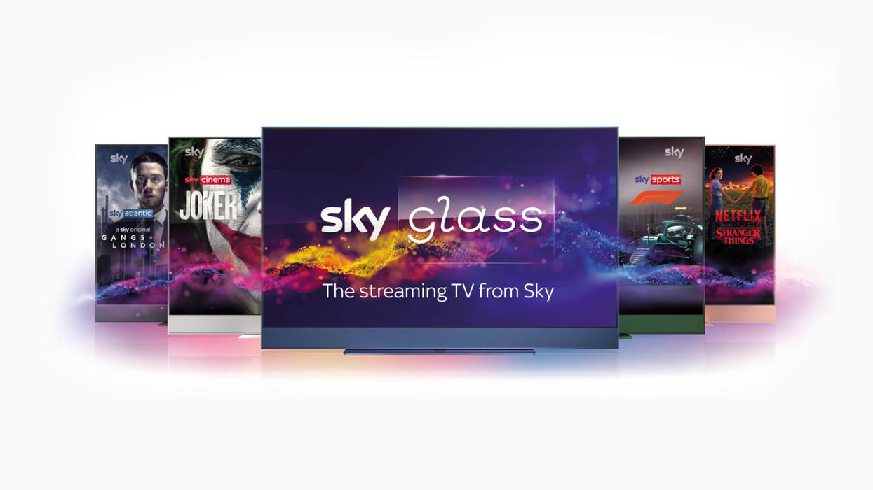 Sky Glass TV in all five colour options, including Anthracite Black, Ocean Blue, Racing Green, Dusky Pink, and Ceramic White