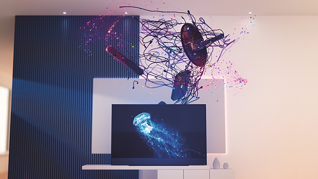 sky glass tv in blue with satellite dish, soundbar, and cables all being poured into the smart tv