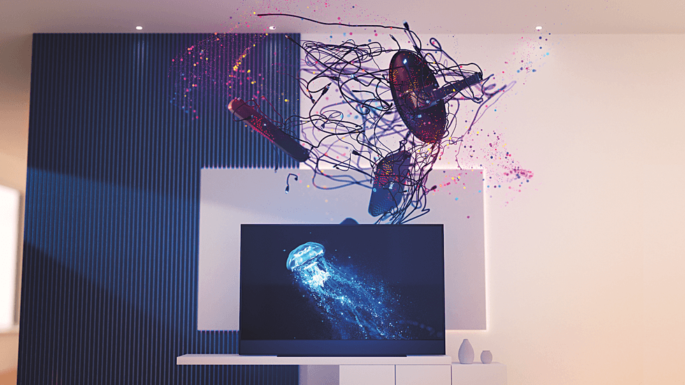 sky glass tv in blue with satellite dish, soundbar, and cables all being poured into the smart tv