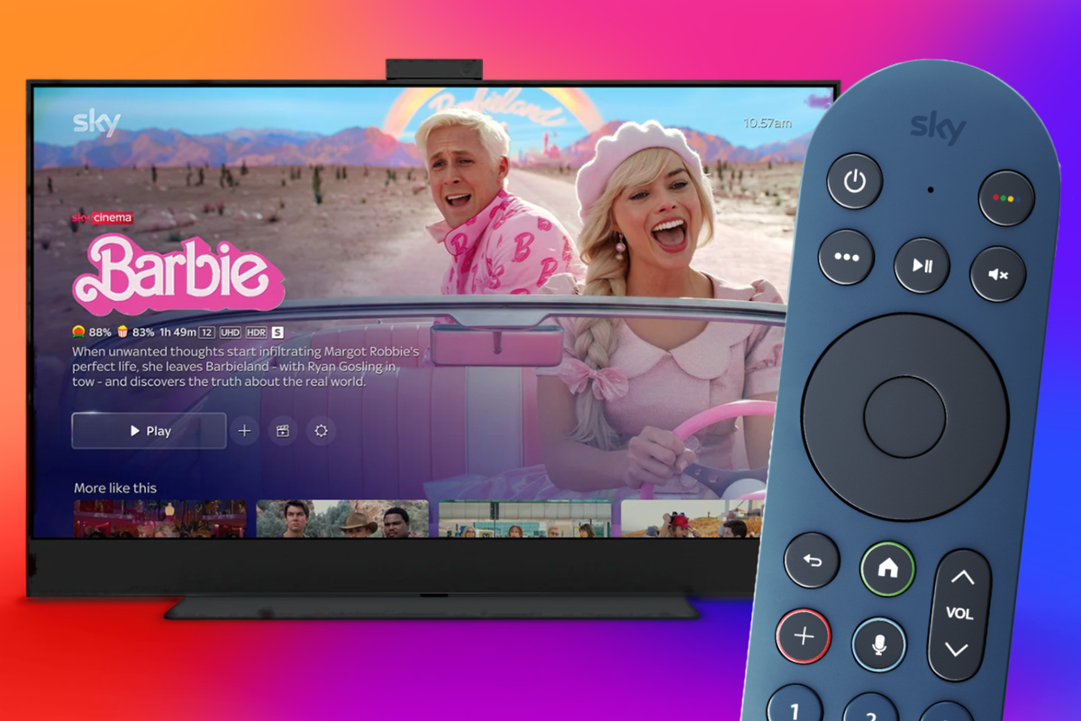 Sky glass TV pictured with Barbie film on-screen with the new Rotten Tomatoes scores integration launched with entertaimentOS 1.3 with a sky glass tv remote pictured in front of the screen 