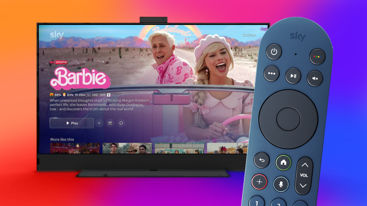 Sky glass TV pictured with Barbie film on-screen with the new Rotten Tomatoes scores integration launched with entertaimentOS 1.3 with a sky glass tv remote pictured in front of the screen