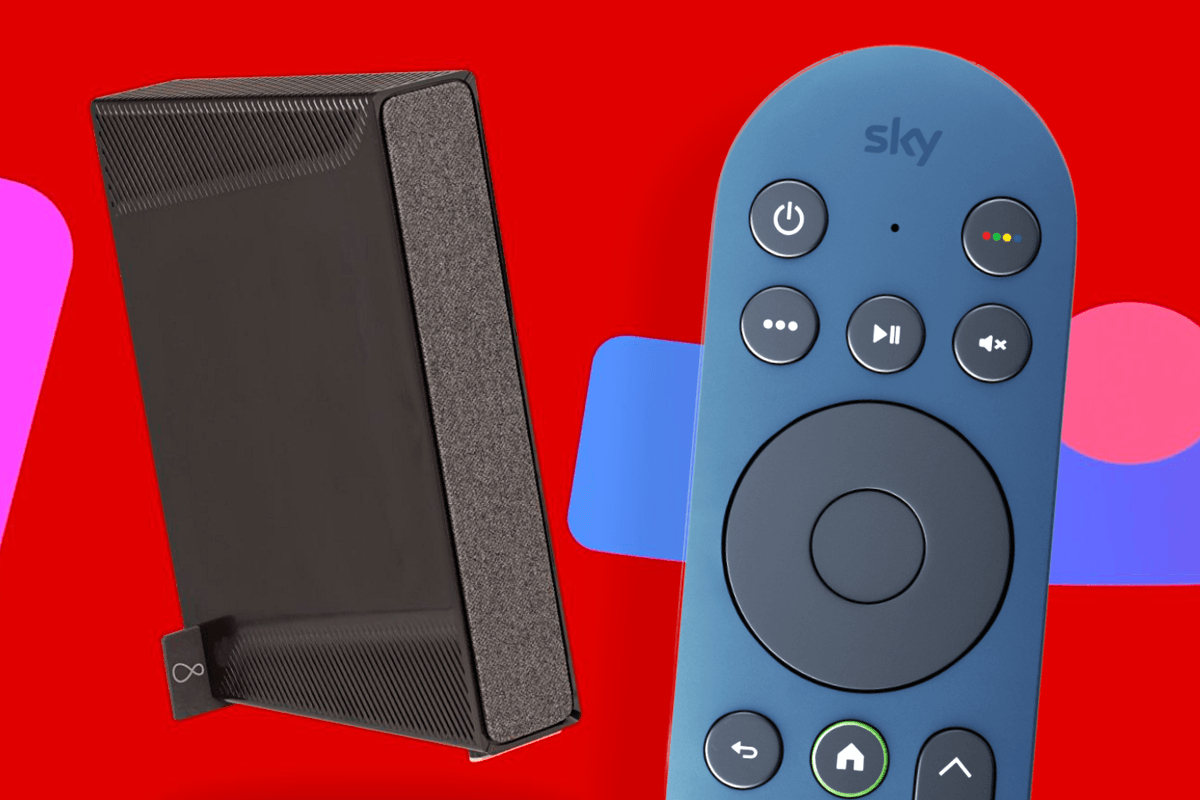 Sky Glass TV remote control pictured on the right-side with a Virgin Media broadband router on the left