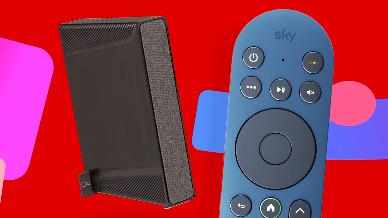 Sky Glass TV remote control pictured on the right-side with a Virgin Media broadband router on the left