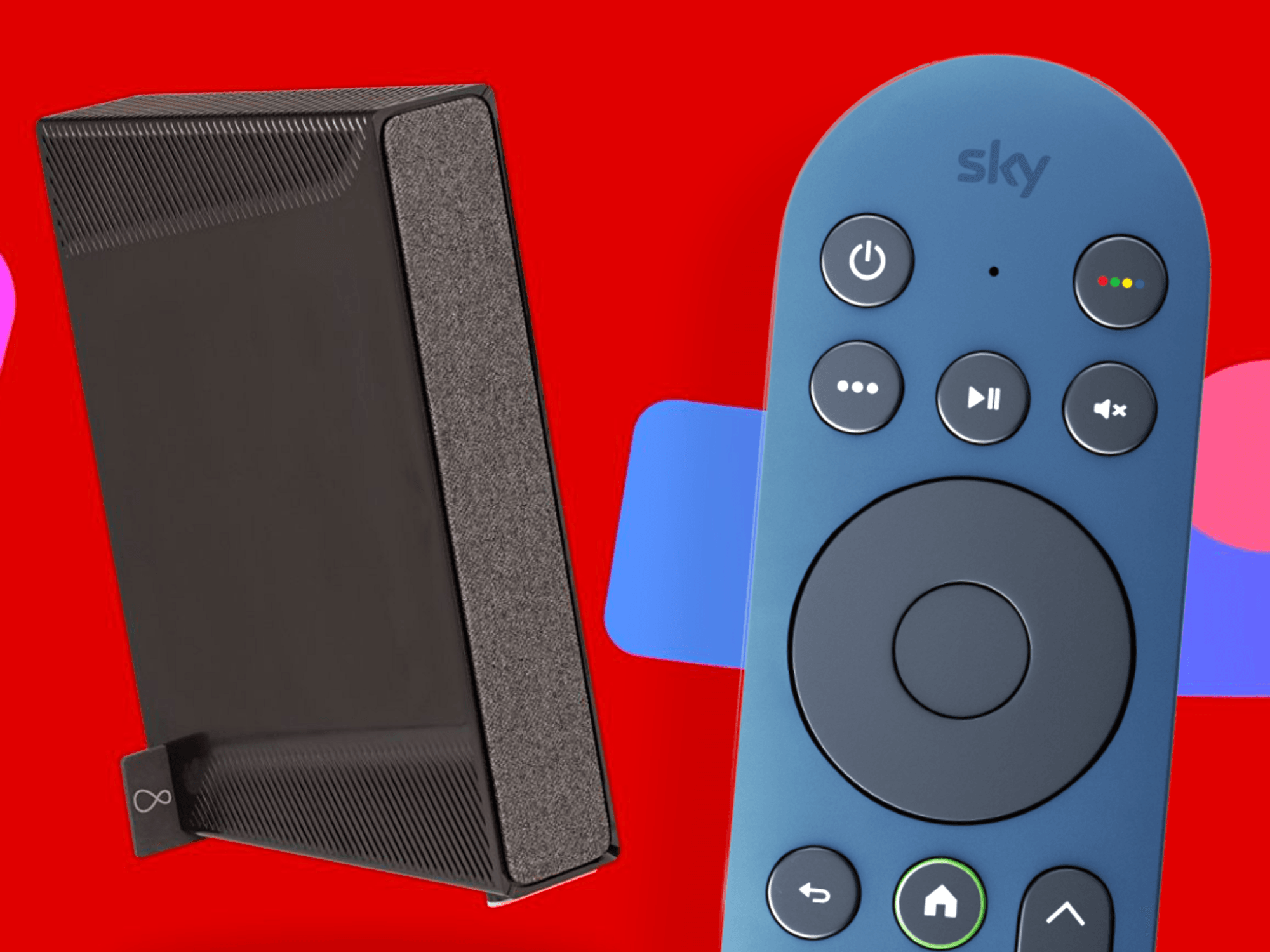 Sky Glass TV remote control pictured on the right-side with a Virgin Media broadband router on the left