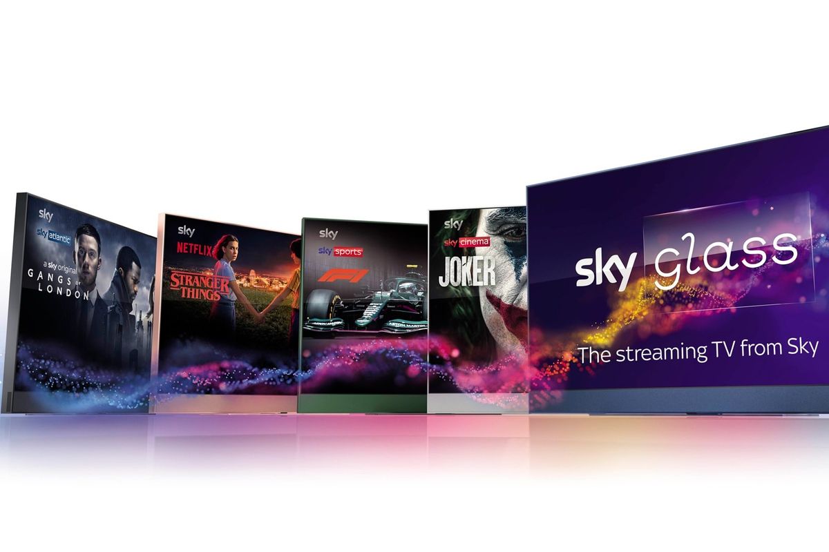 sky glass tvs in a lineup showing different shows available with your sky tv package, including sky cinema and sky sports 