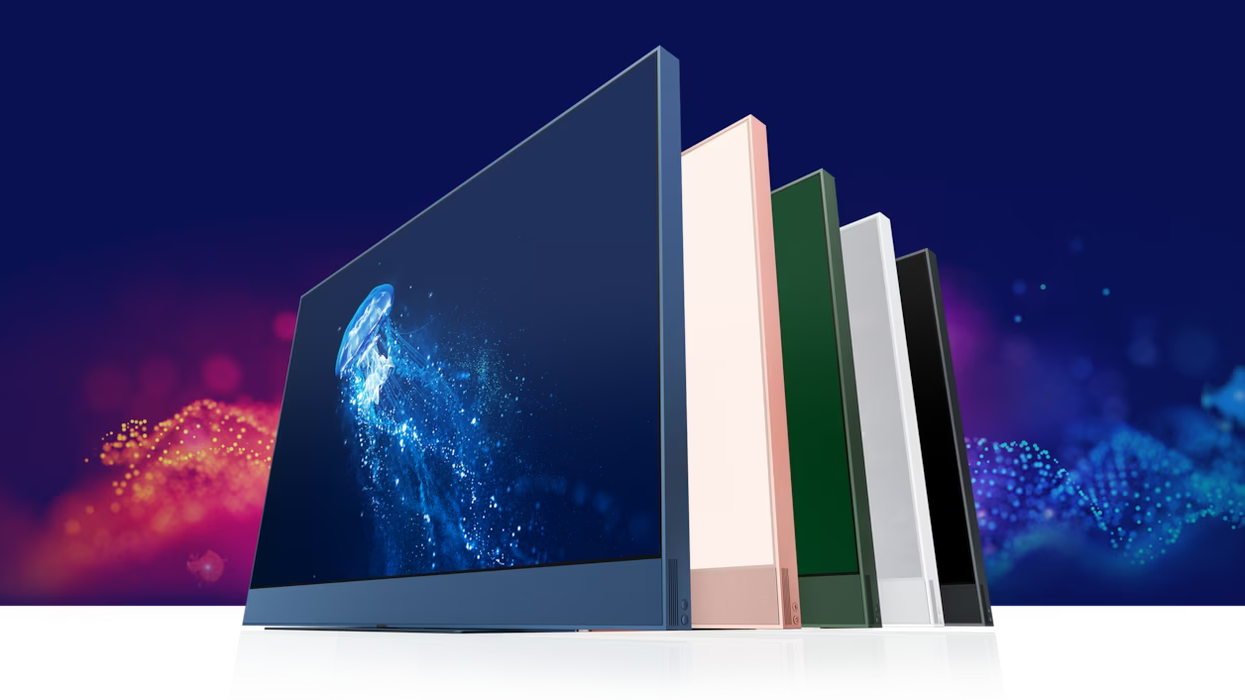 sky glass tvs in all five colour options against a multi-coloured background