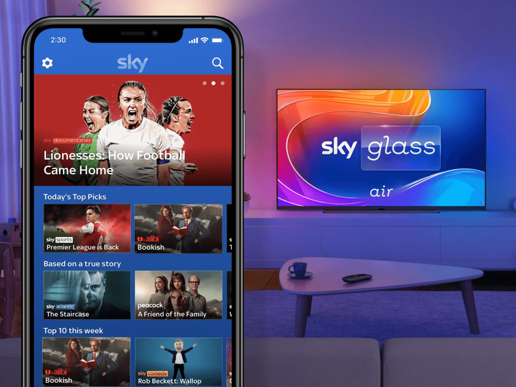 Sky Go app pictured on a smartphone and Sky Glass Air television in the background