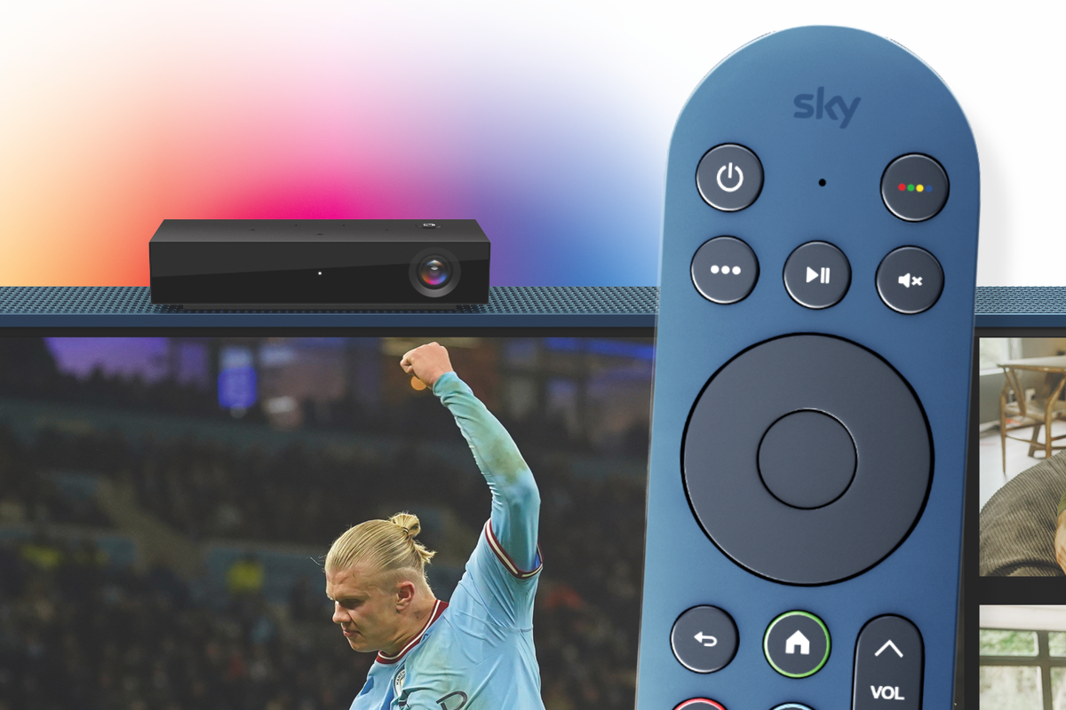 Sky Live camera pictured on the top of a blue Sky Glass with remote control in the foreground