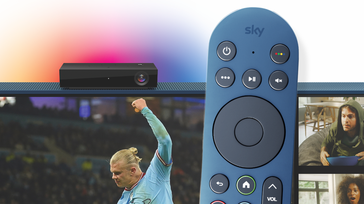 Sky Live camera pictured on the top of a blue Sky Glass with remote control in the foreground