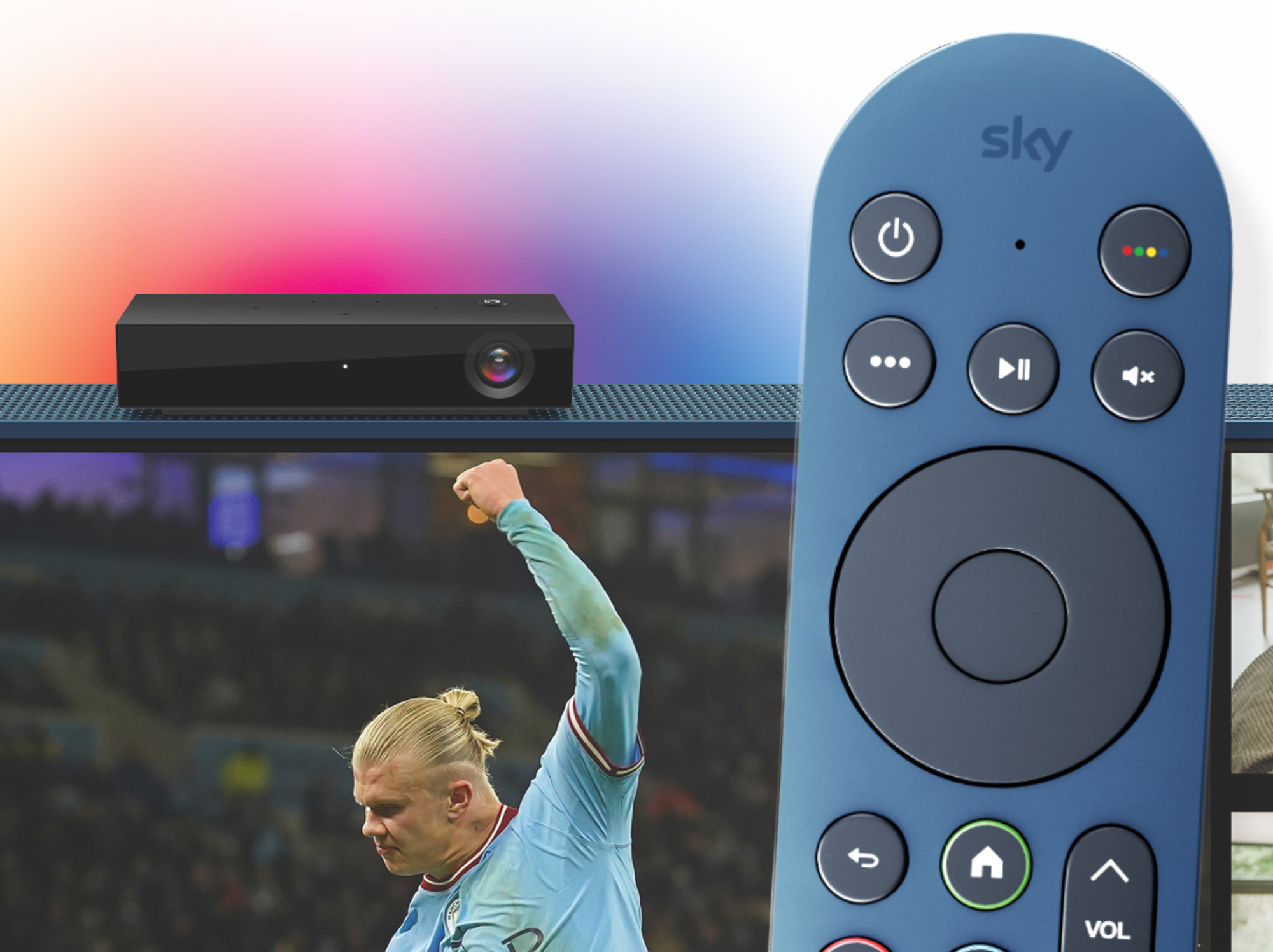 Sky Live camera pictured on the top of a blue Sky Glass with remote control in the foreground