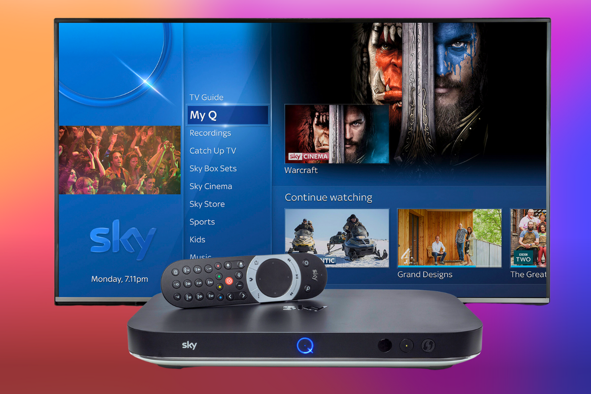 sky q box with a remote control lying on top with the q menu in the background and a colourful background in the sky tv colours 