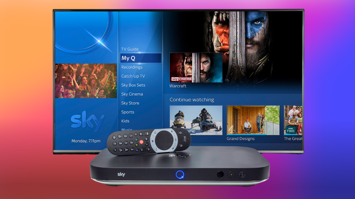 sky q box with a remote control lying on top with the q menu in the background and a colourful background in the sky tv colours