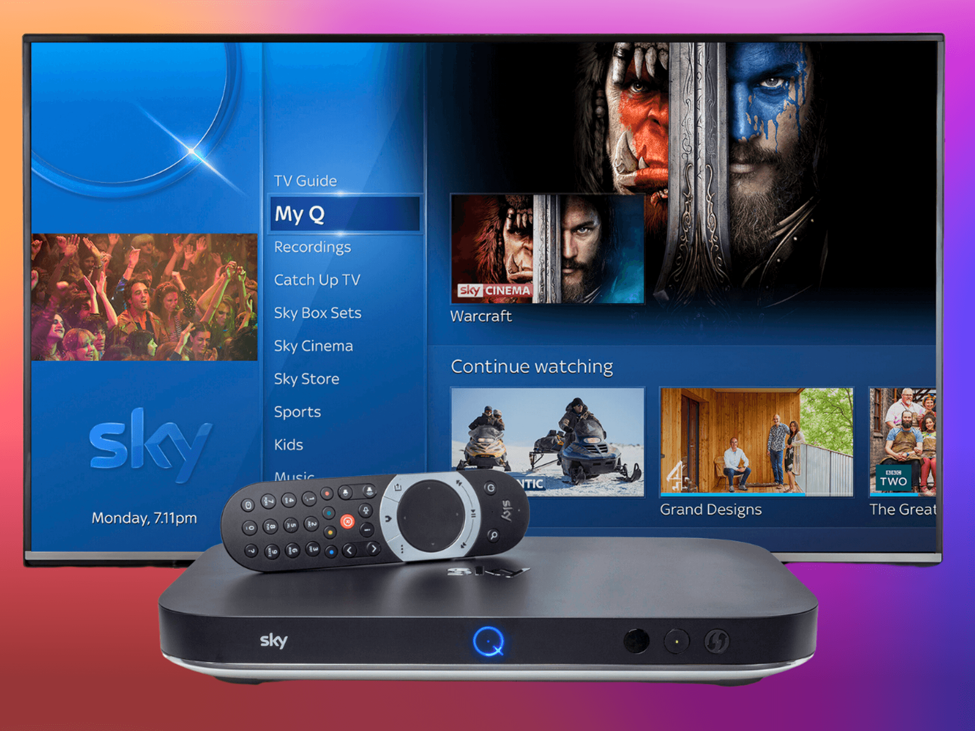 sky q box with a remote control lying on top with the q menu in the background and a colourful background in the sky tv colours