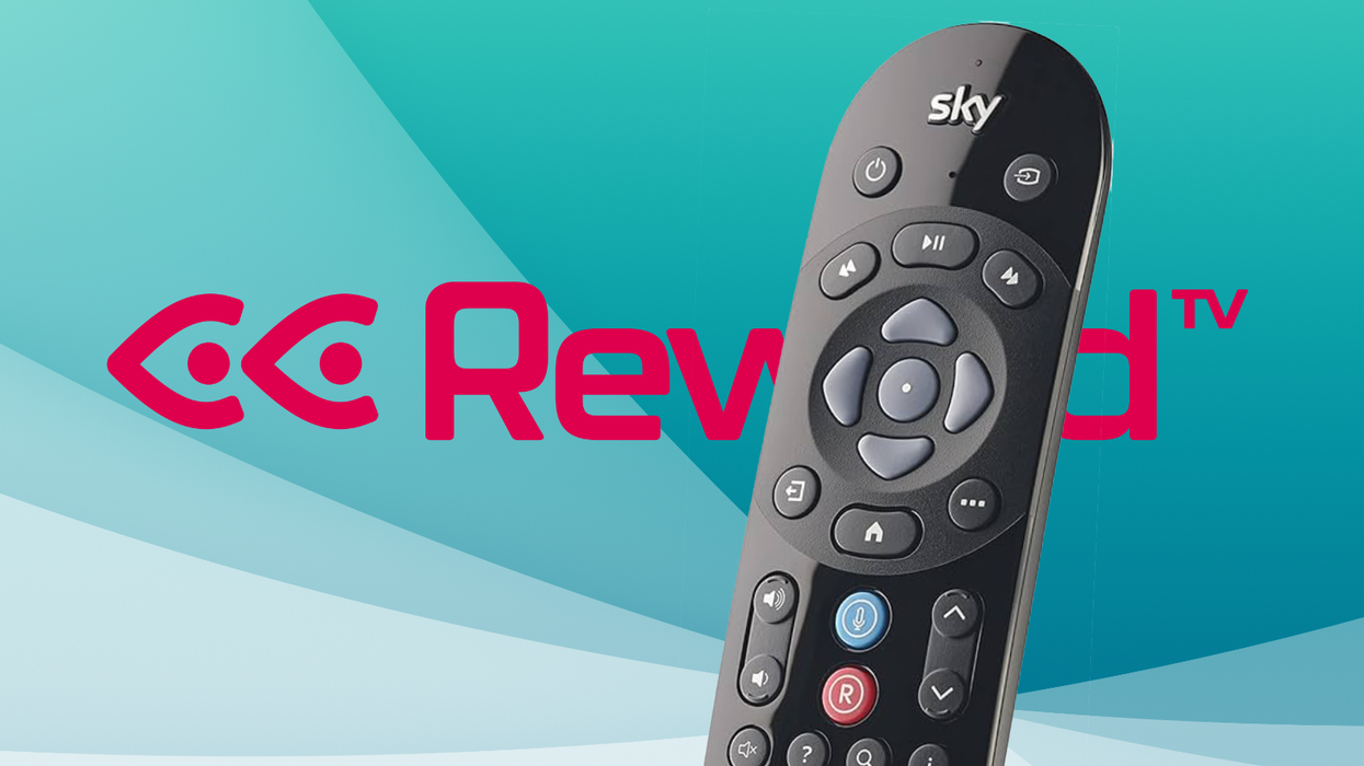 sky q remote control with rewind tv logo in the background
