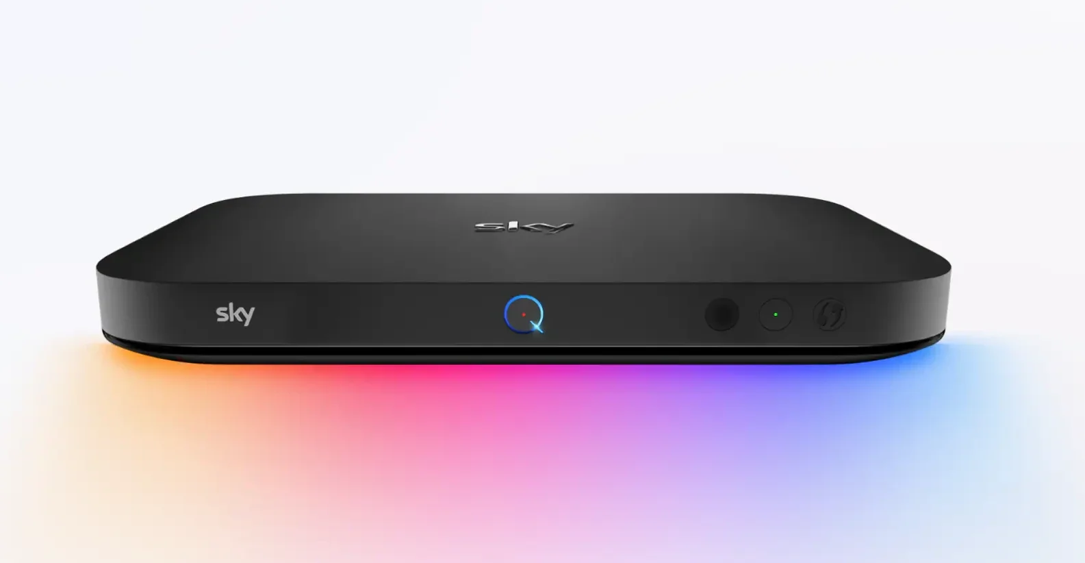 sky q set-top box pictured with q logo glowing and rainbow colours beneath it